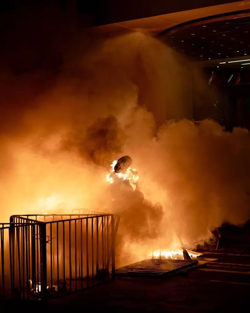 A raging inferno on engulfs barricades on the streets of Hong Kong.