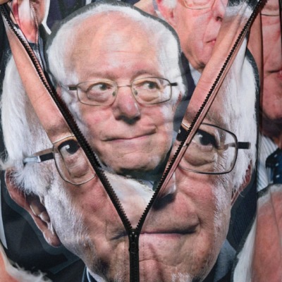 A jacket, printed with Bernie Sanders' face, is unzipped to reveal a t shirt printed with Bernie Sanders' face.
