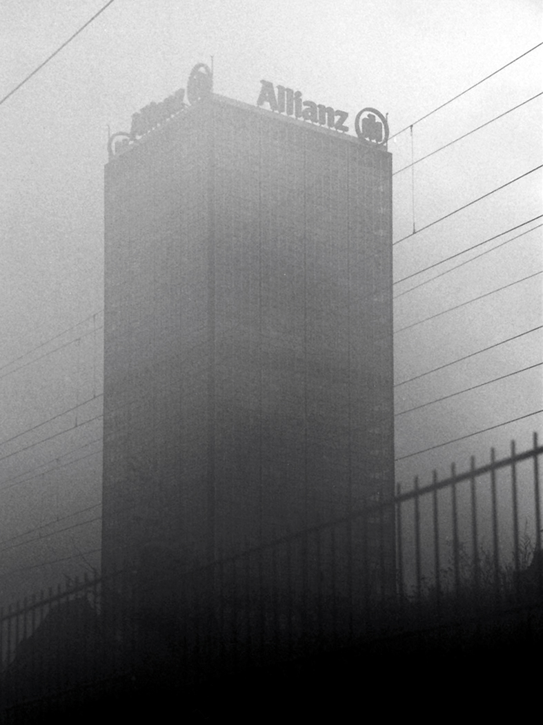 A mist shrouded tower block.