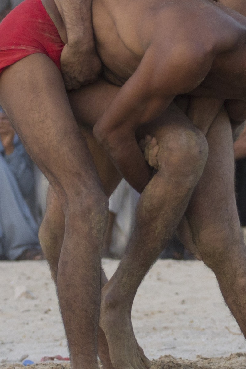 Wreslters grapple each others long, muscled brown legs.