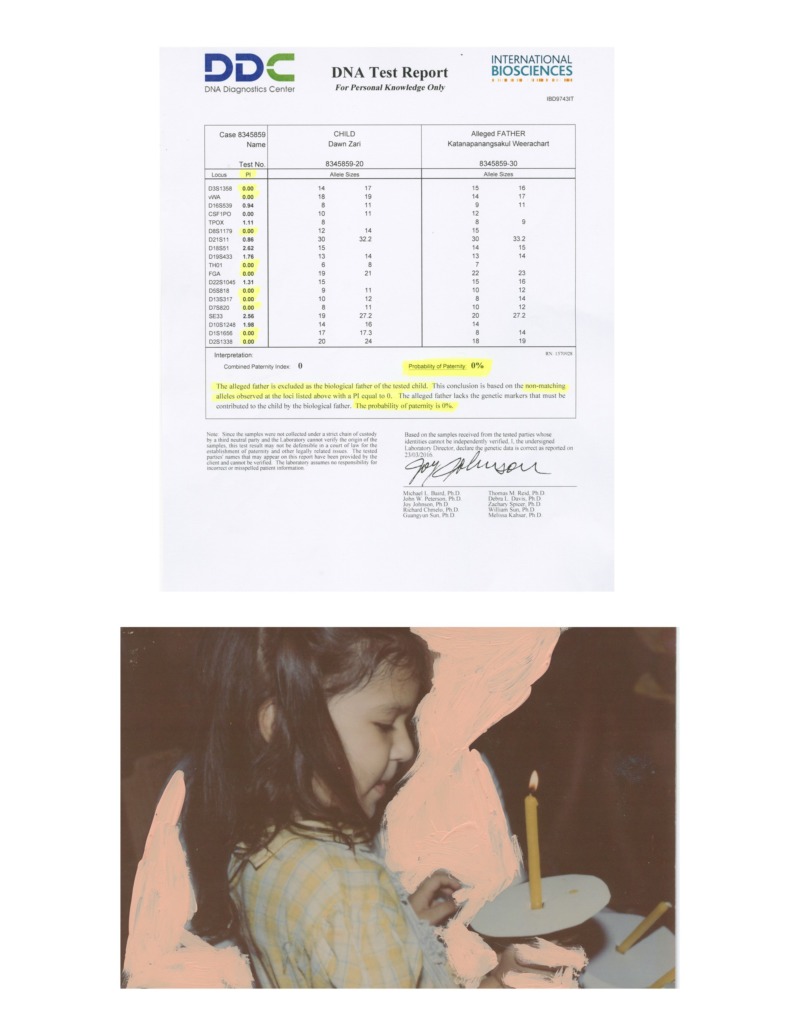 A scan of a negative DNA test above the edited photograph of a child holding a candle.