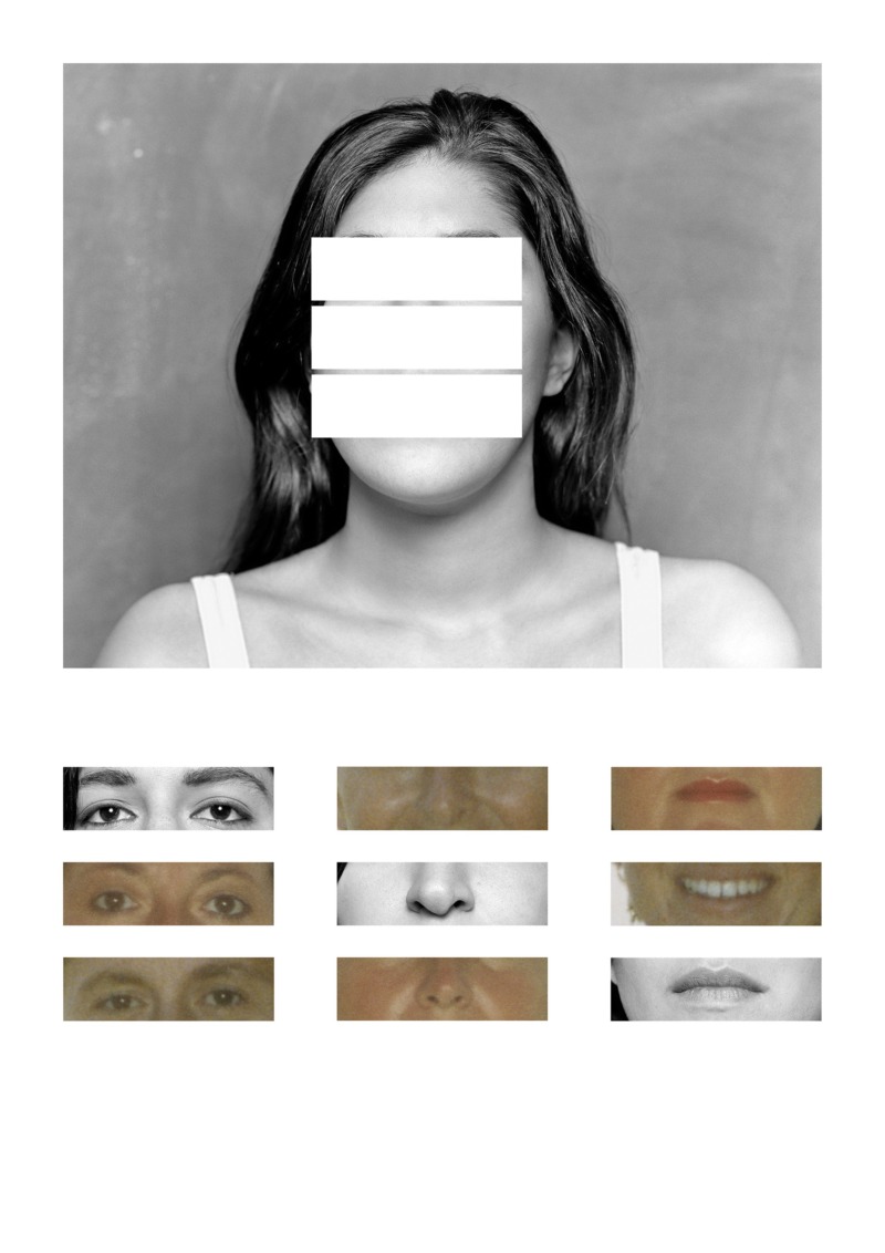 An edited photo of a woman's face, her eyes, nose, and mouth are compared to those of other anonymous people.