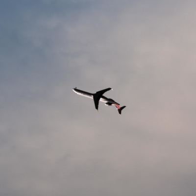 A lone passenger jet soars, apparently upside down, through hazy clouds.